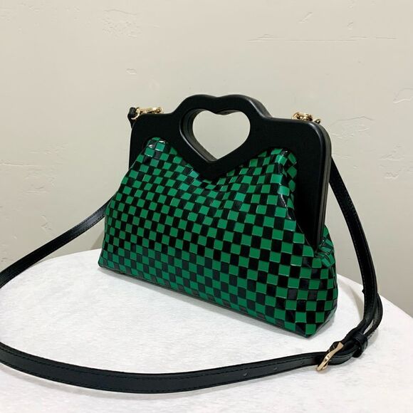 Handmade Genuine Cowhide Check Embossed, Chic Heart Shaped Wooden Frame Satchel - Picture 9 of 16